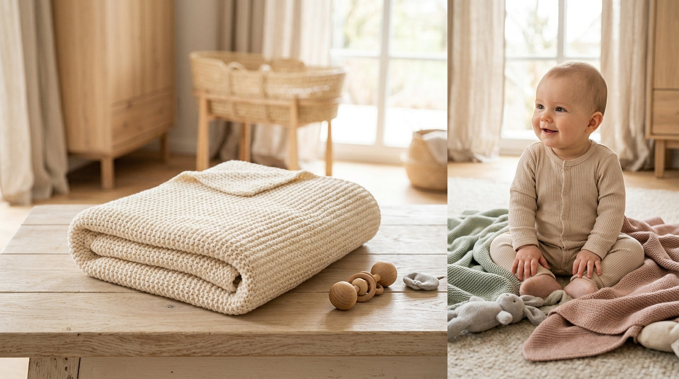 Priya holding a folded knit baby blanket next to a wooden crib