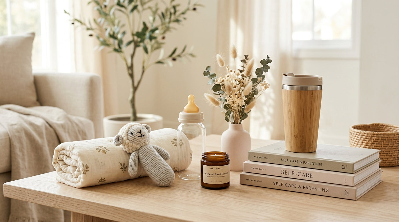 A messy baby shower prize table with organic blankets and coffee gift cards
