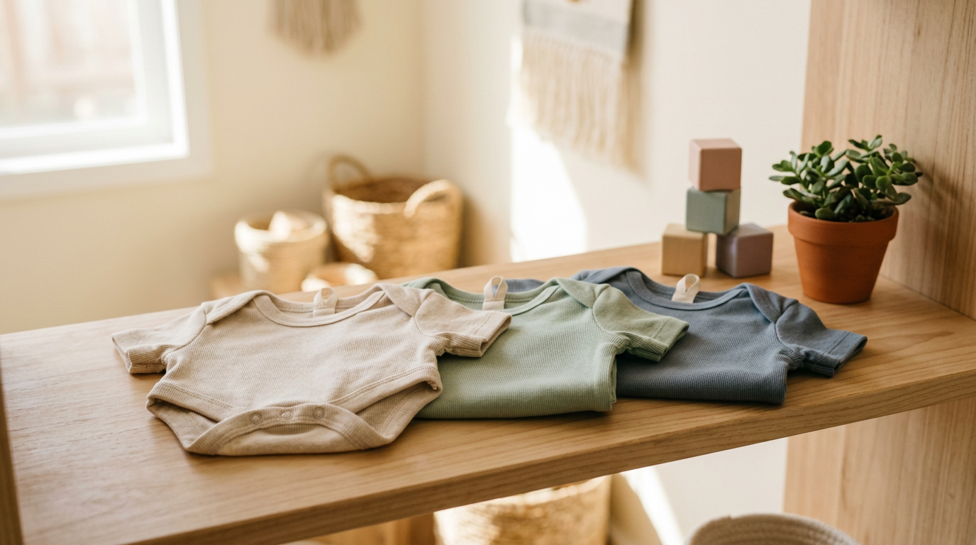 A confused dad staring at a massive pile of plain white baby bodysuits
