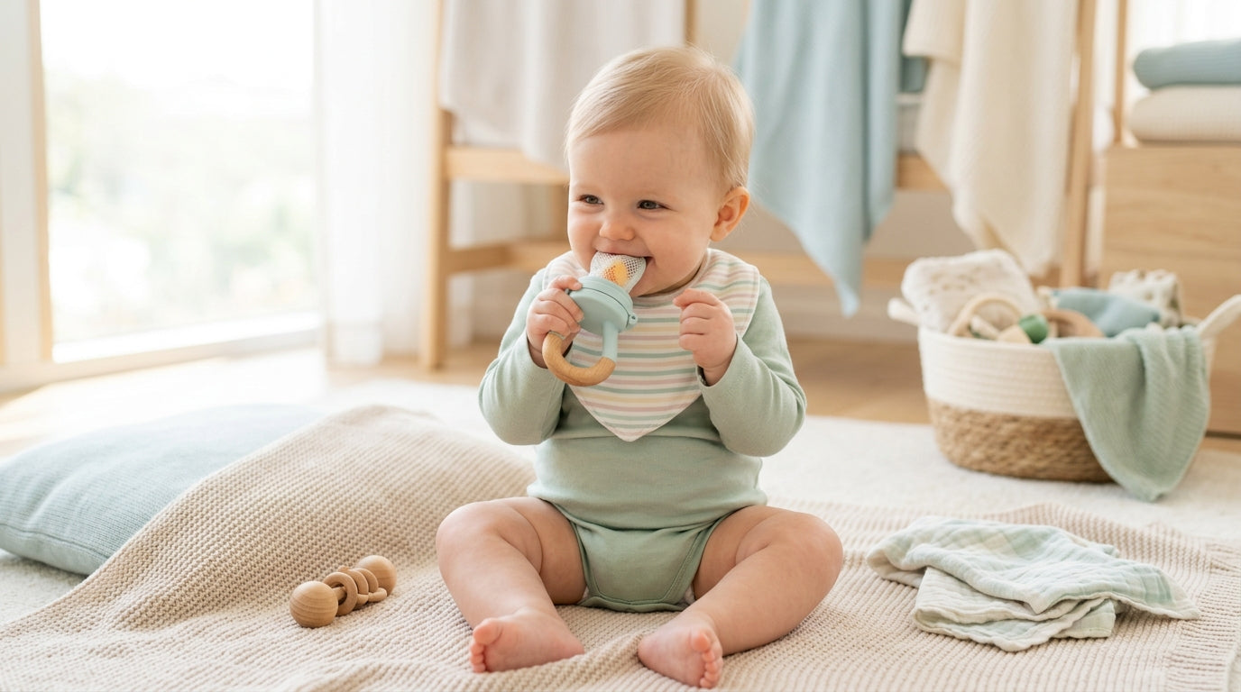 Exhausted mom holding a cold cup of coffee and a green silicone baby teether