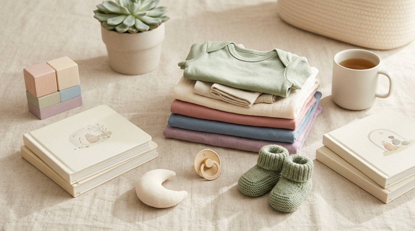 Exhausted mom holding a coffee cup looking at baby clothes on her phone