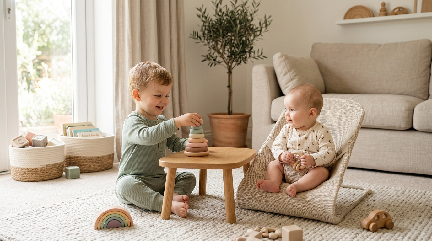 Exhausted mother holding a moody toddler looking just like the viral picture