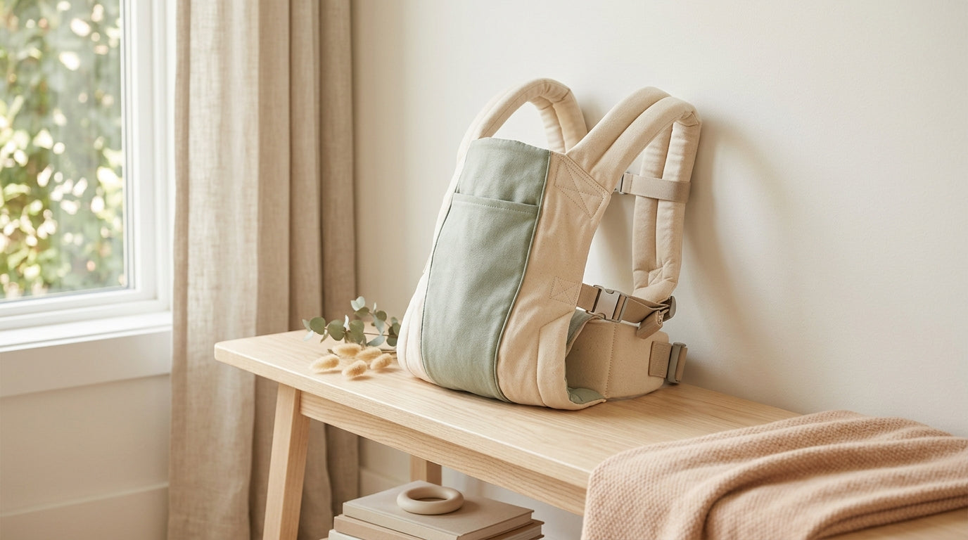 Mother adjusting a linen baby carrier in a messy Chicago apartment