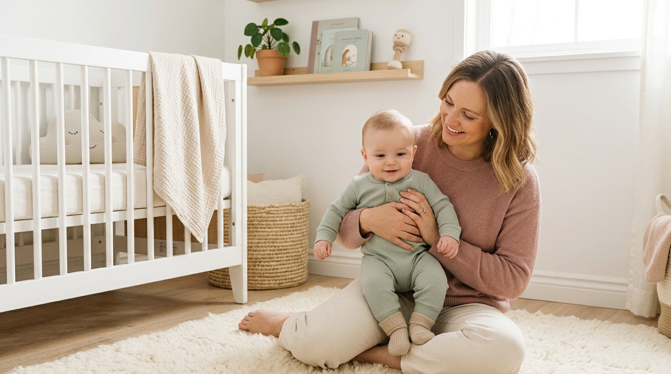 A tired dad holding a medical binder next to a baby sleeping on a bamboo blanket