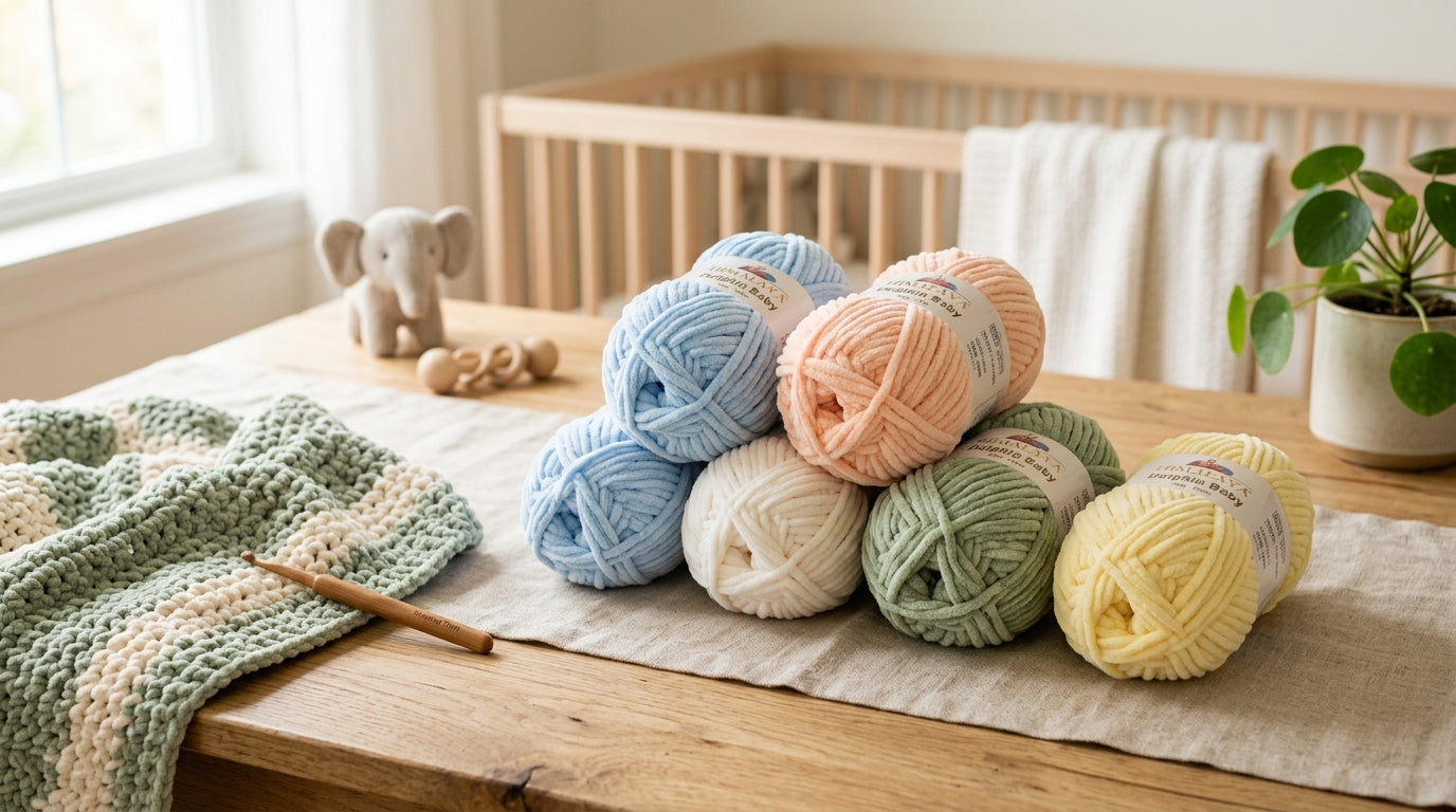 A messy basket of chunky chenille yarn next to a half-finished baby blanket