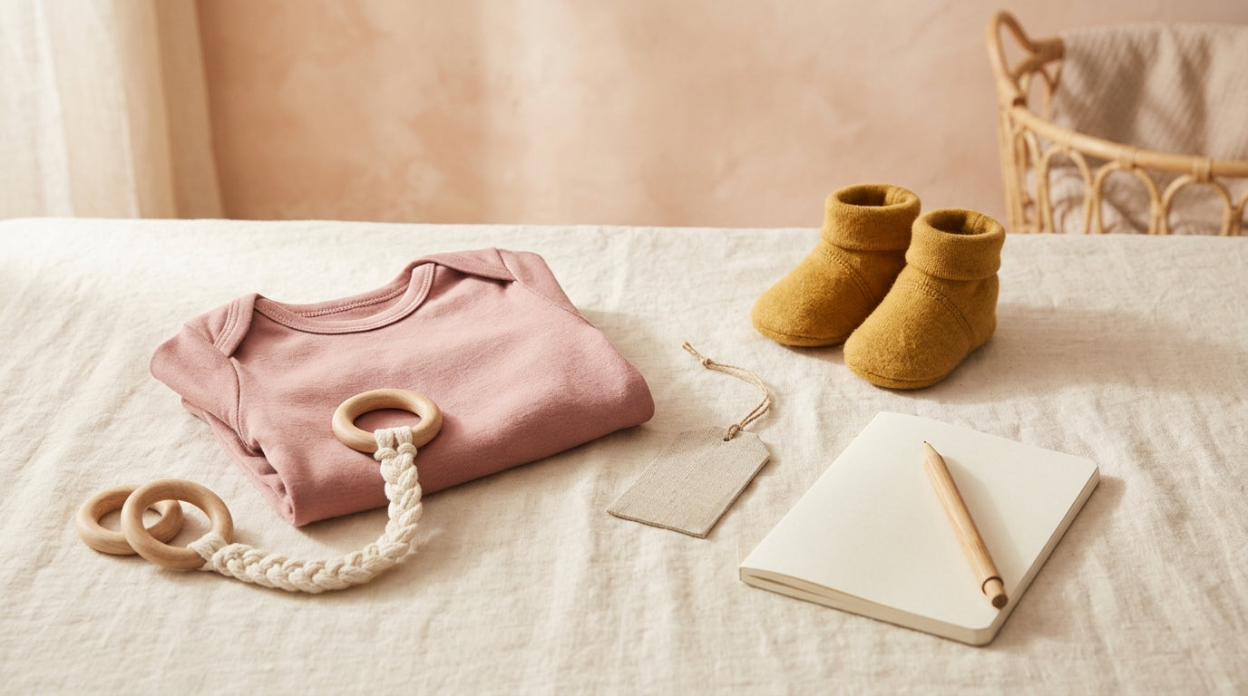 A pile of folded infant clothes next to a half empty iced coffee on a messy rug