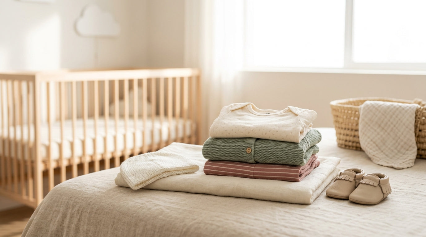 A pile of folded neutral baby apparel with a wooden teether on top