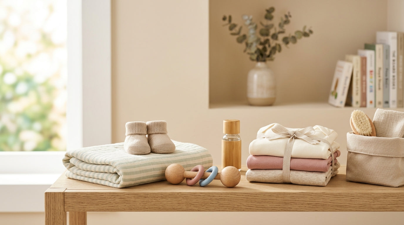 A tired dad staring at a massive pile of useless newborn infant gear in a nursery