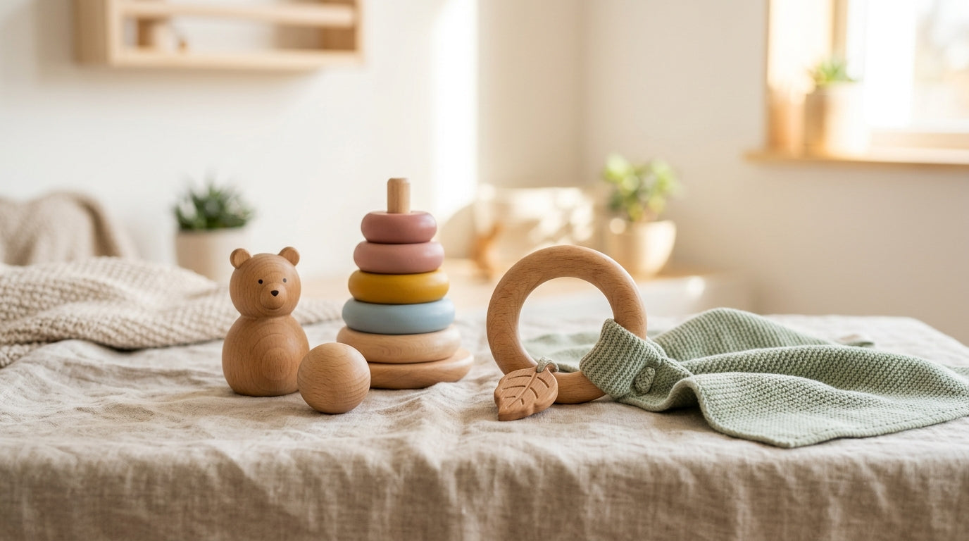 Toddler chewing on a wooden activity block on the living room rug