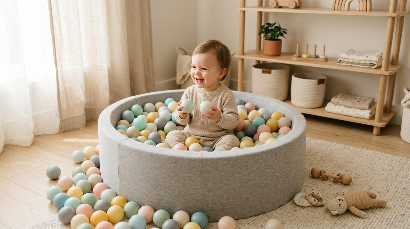 Two toddlers playing in a modern indoor foam infant play pit