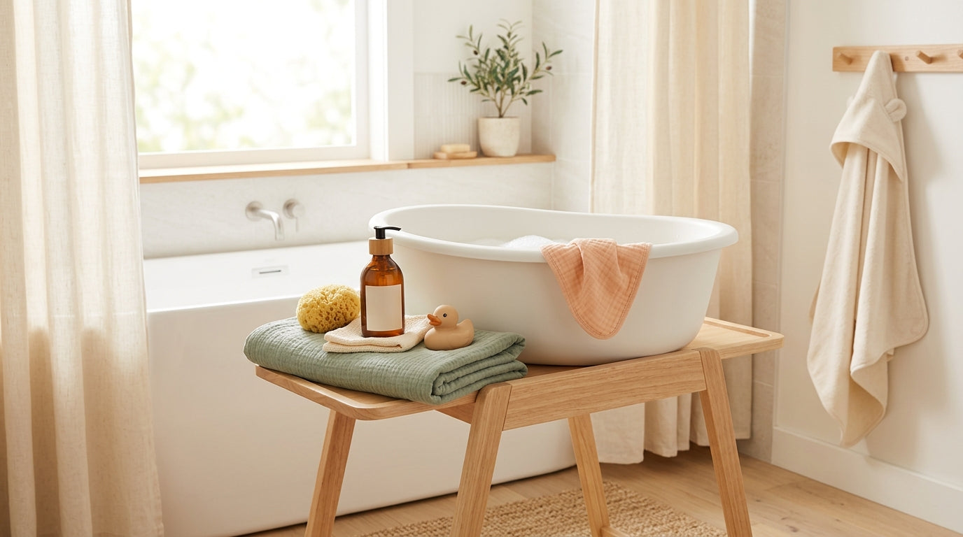 Mom kneeling by a baby bath tub holding a wet, crying newborn wrapped in a towel