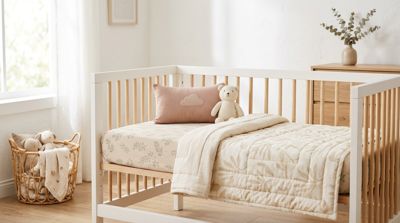 A messy crib with a safe baby sleeping bag and a fitted sheet