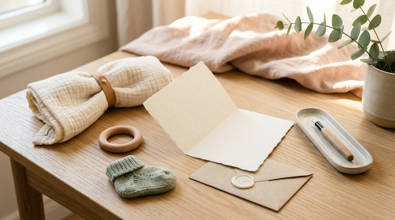 A stressed mom holding a baby card and a spilled iced coffee in the greeting card aisle