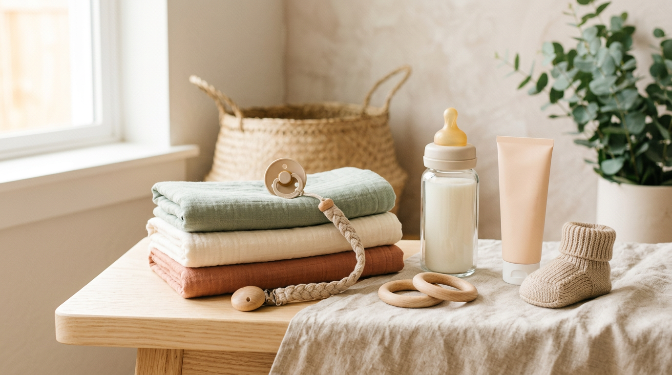Neutral bamboo baby blanket and wooden play gym set on a nursery floor