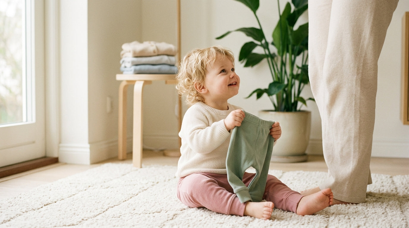 A crawling baby wearing ribbed organic cotton bottoms on a living room rug.