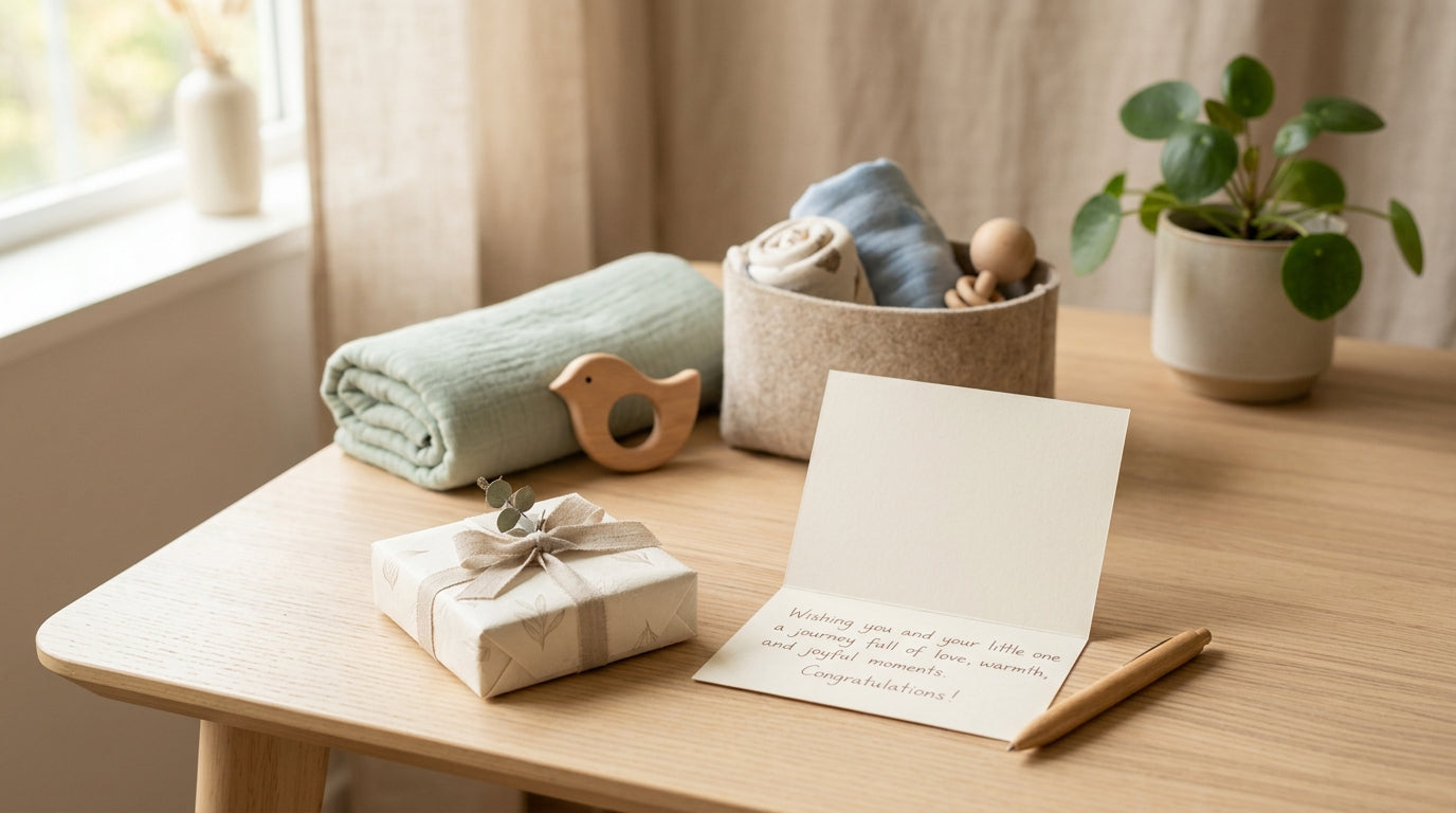 A stack of open baby shower cards resting on an organic cotton baby blanket