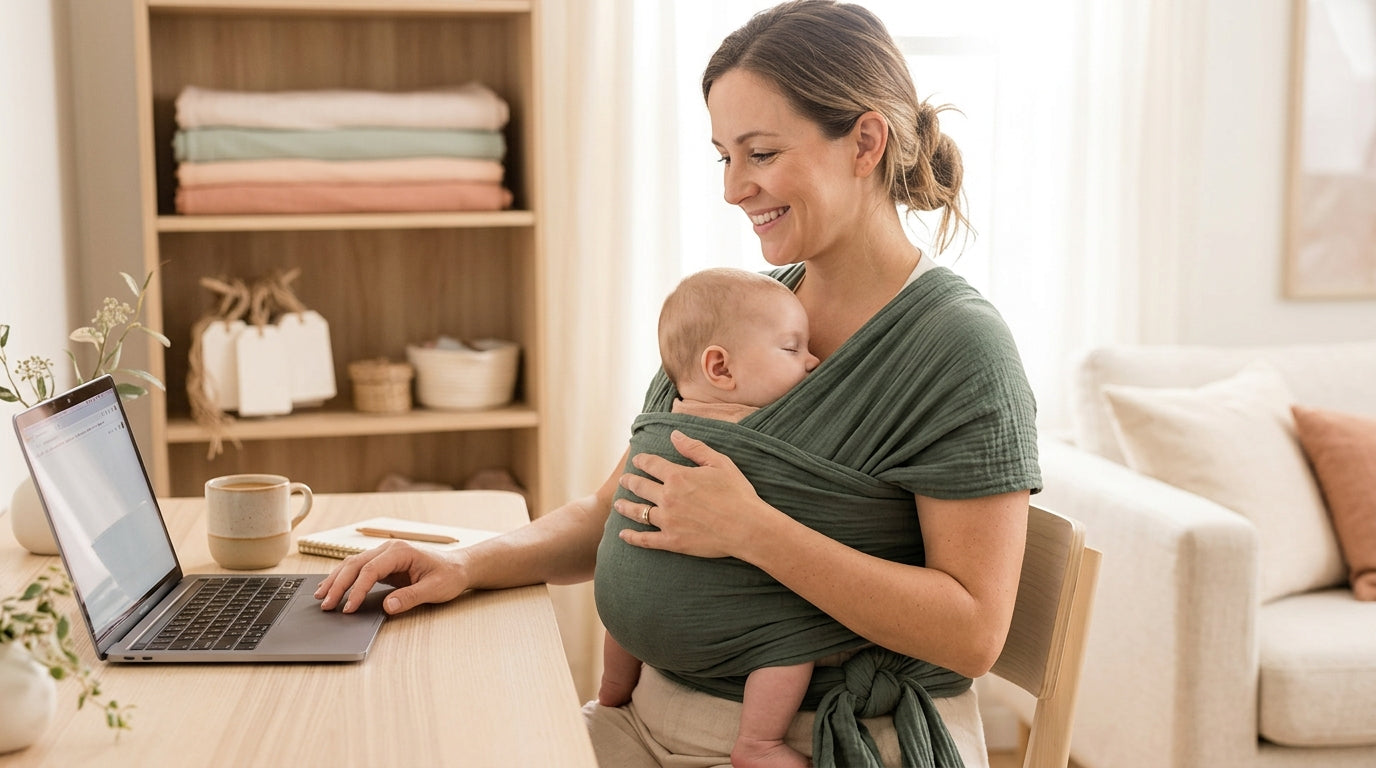 Tired mom tying a stretchy baby wrap in a living room
