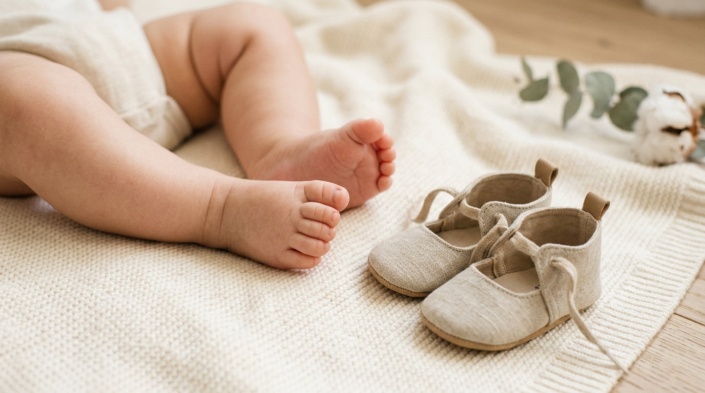 Toddler wearing soft knit baby shoes while walking on a wooden floor