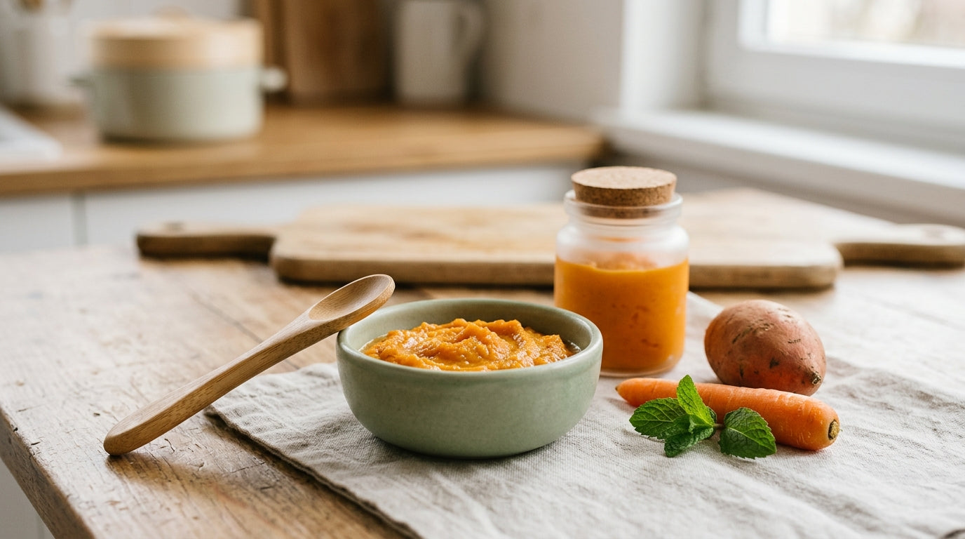 Mashed sweet potato in a bowl with a silicone spoon