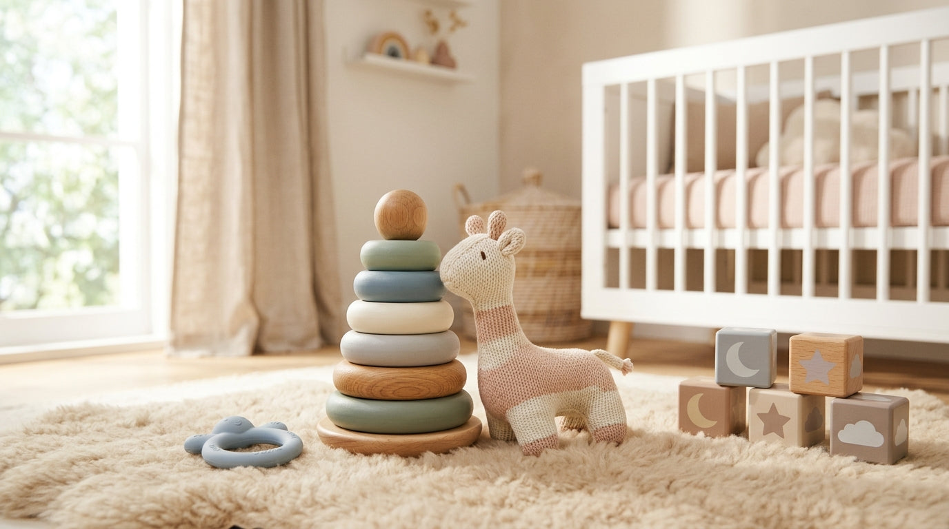 A wooden teething ring and soft baby blocks scattered on a very messy living room rug next to a cold cup of coffee