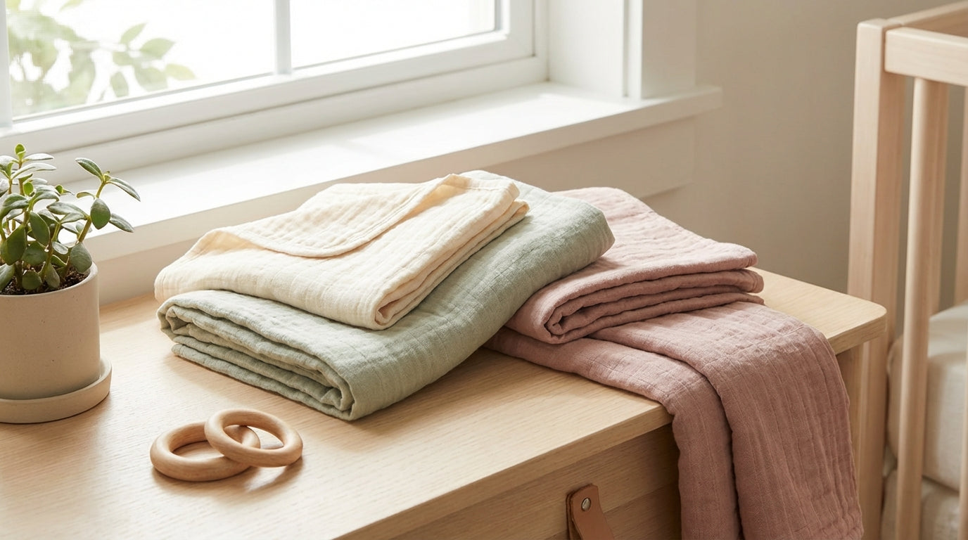 A messy stack of folded baby receiving blankets sitting on a wooden nursery chair