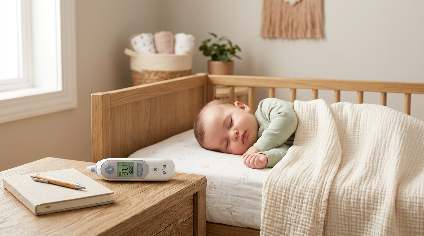 A tired dad staring suspiciously at a digital temperature reading in a dark nursery