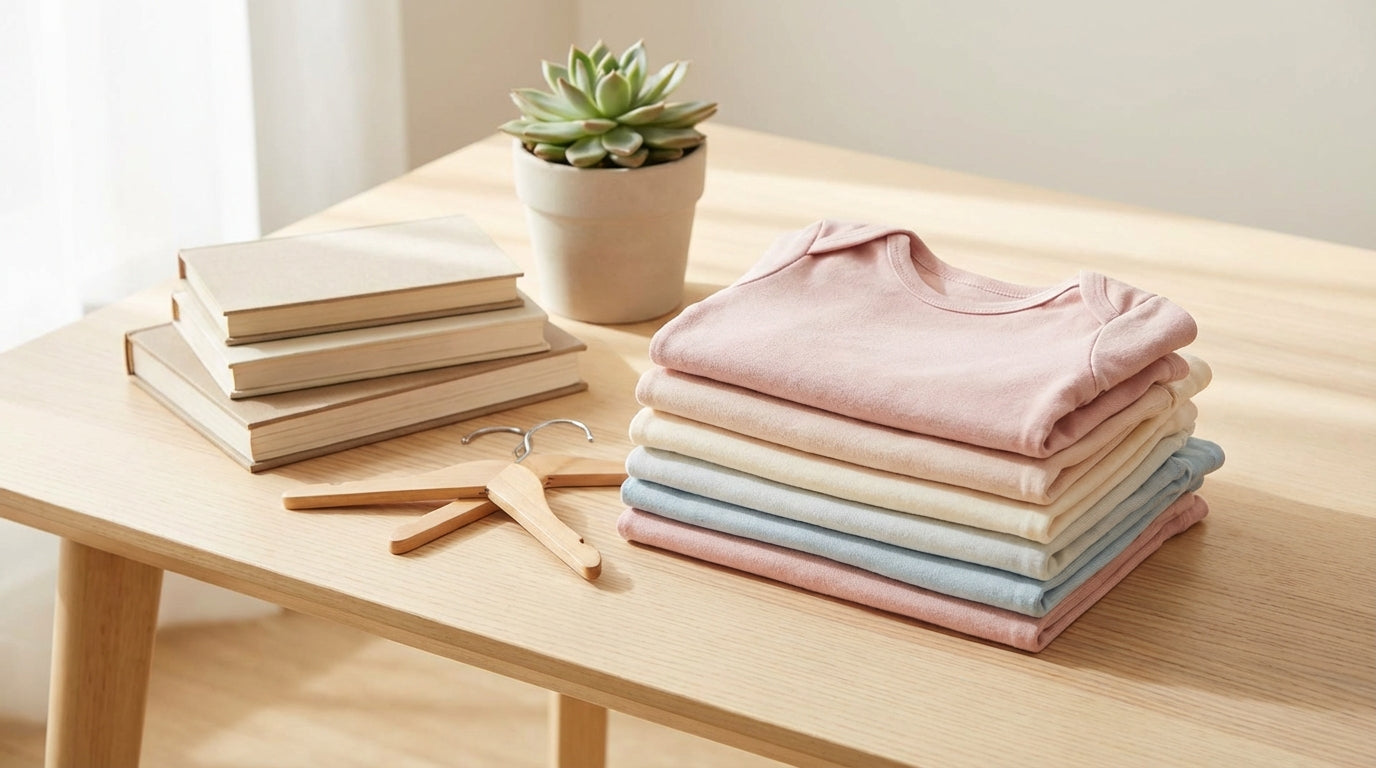 Priya sorting through a messy pile of infant outfits on a living room rug