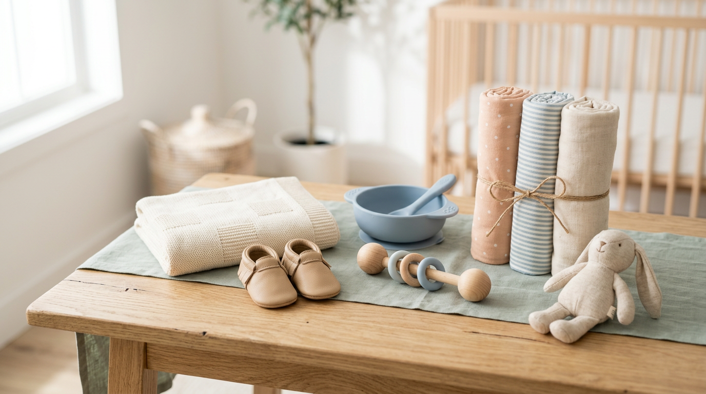 A tired mother holding a newborn surrounded by practical baby items instead of stuffed animals.