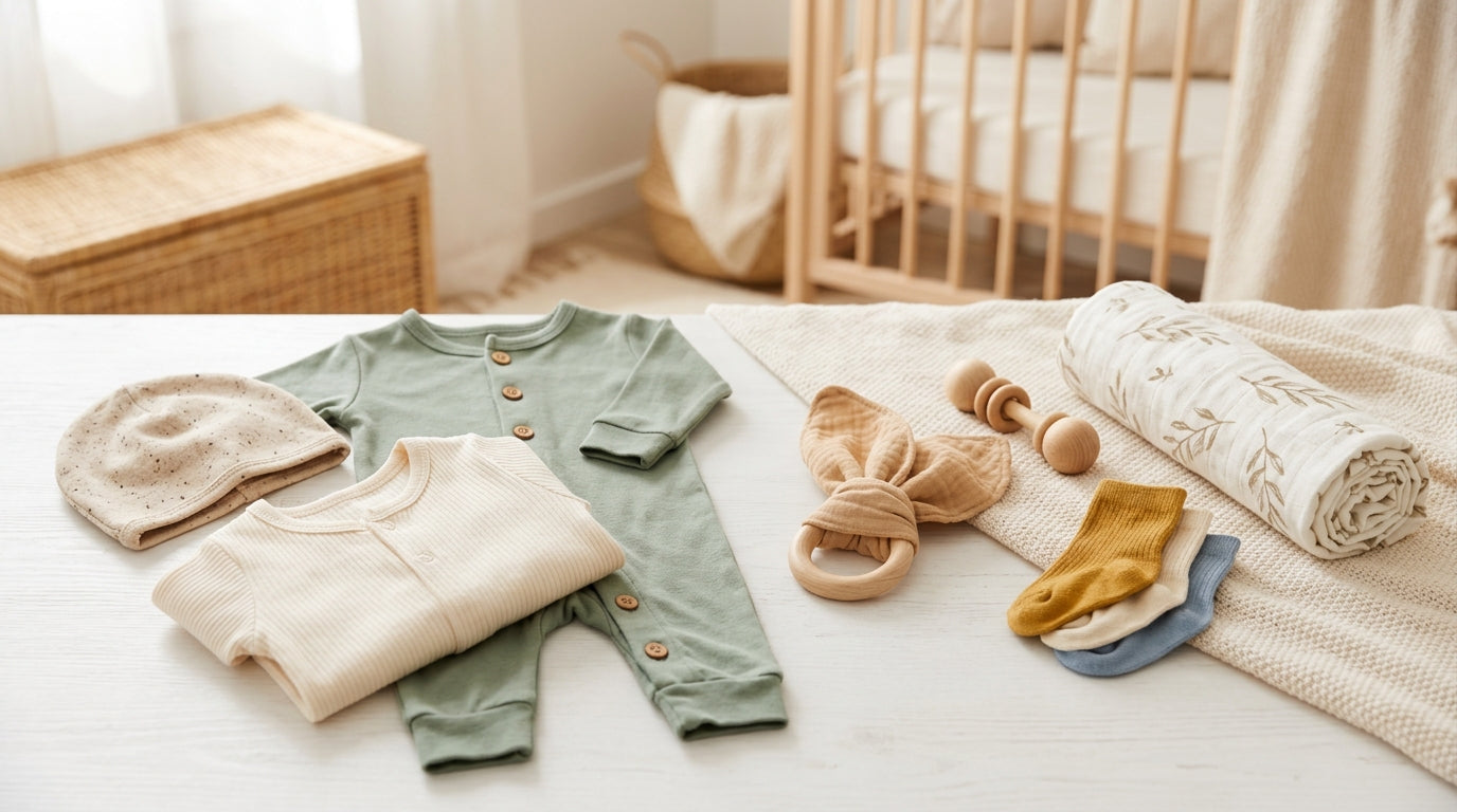 Mom sorting through folded organic cotton baby clothes in a laundry basket