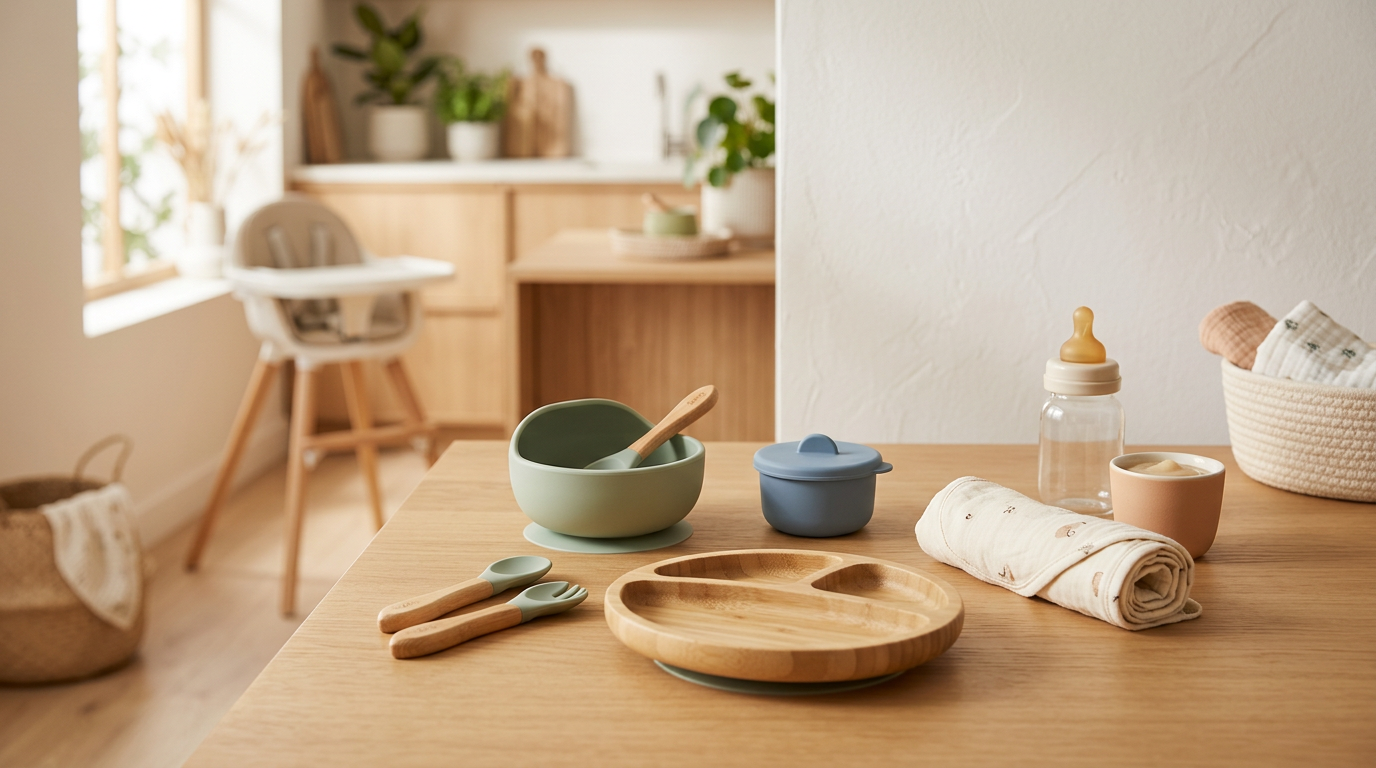 A highly suspicious infant looking at a plastic spoon covered in beige oat mush