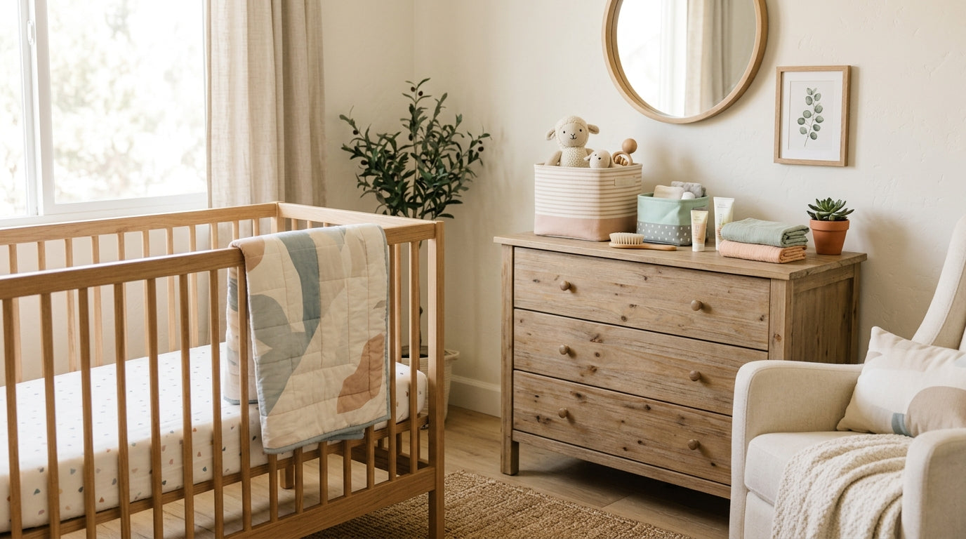 A messy nursery corner featuring an organic cotton swaddle and a natural canvas storage bin