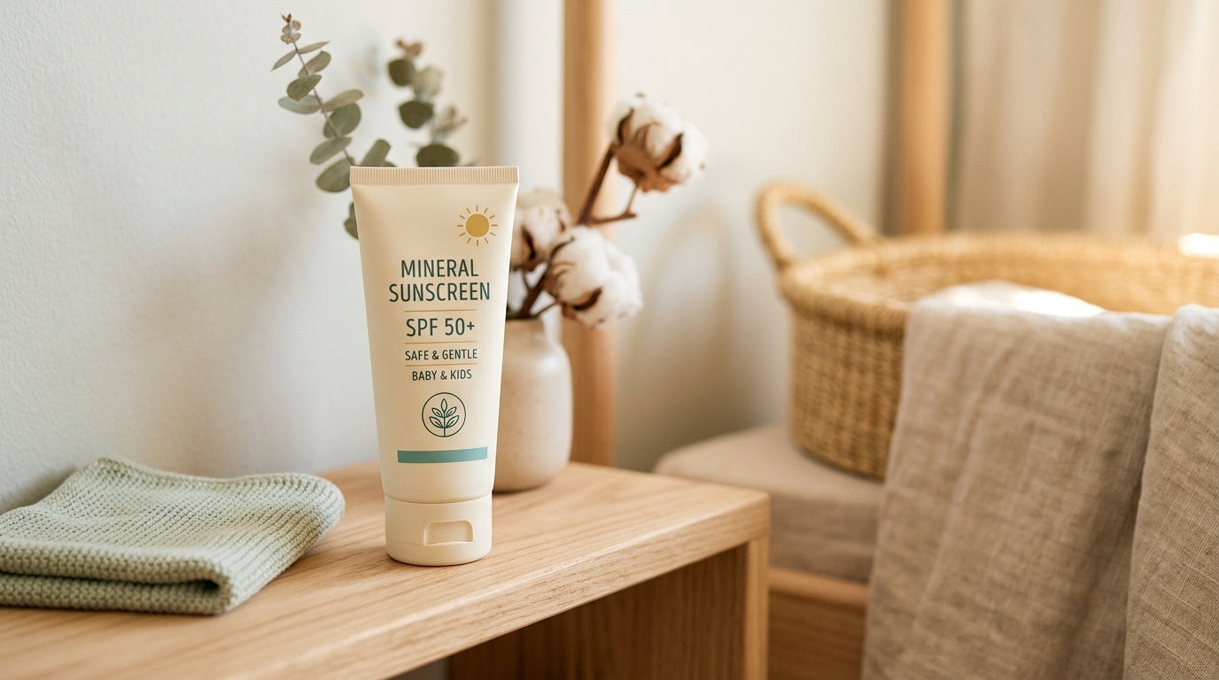 A tube of Thinkbaby mineral sunscreen next to a sandy baby sun hat on a beach towel.