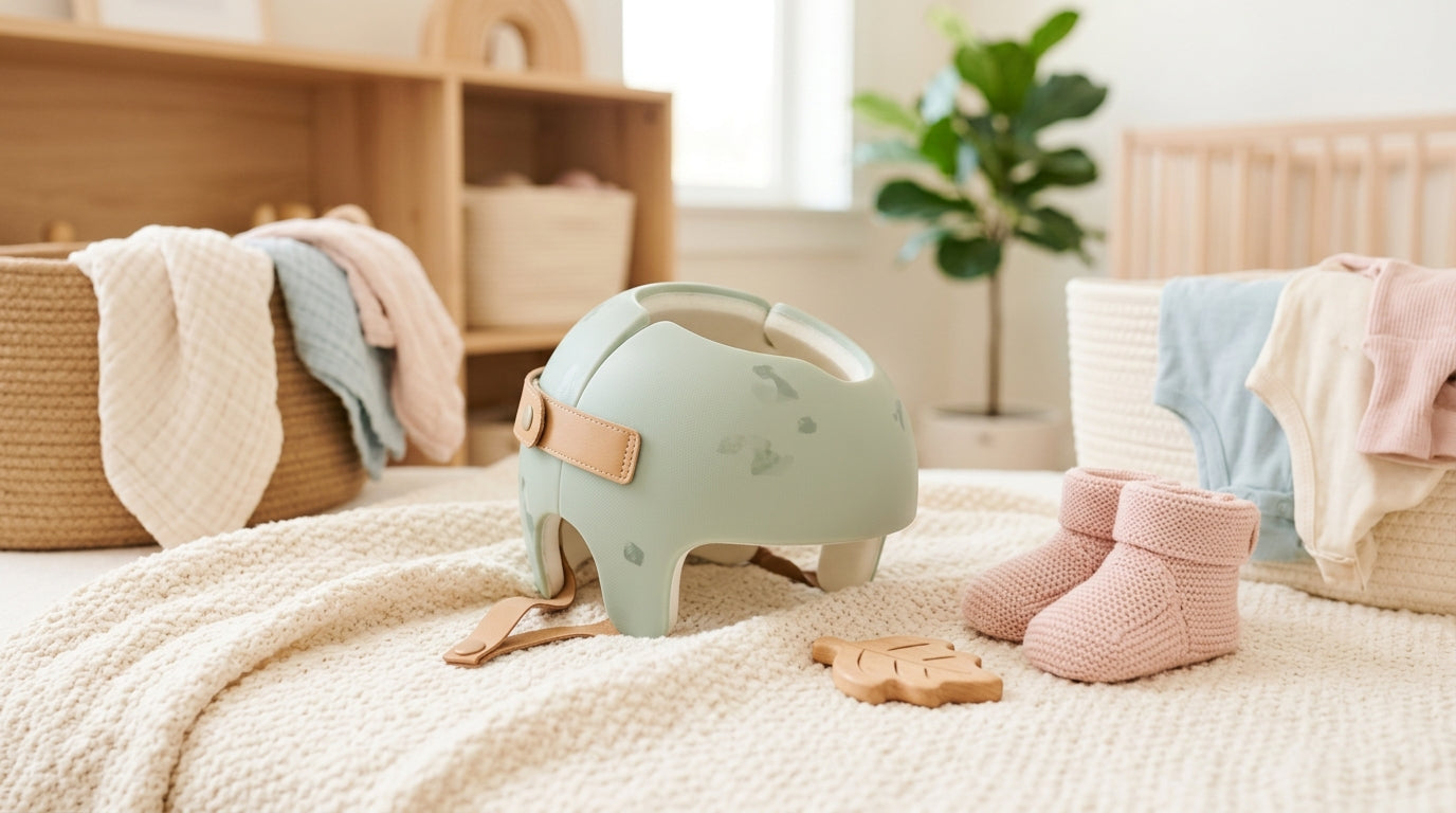 Baby wearing a corrective cranial helmet sleeping peacefully in a crib