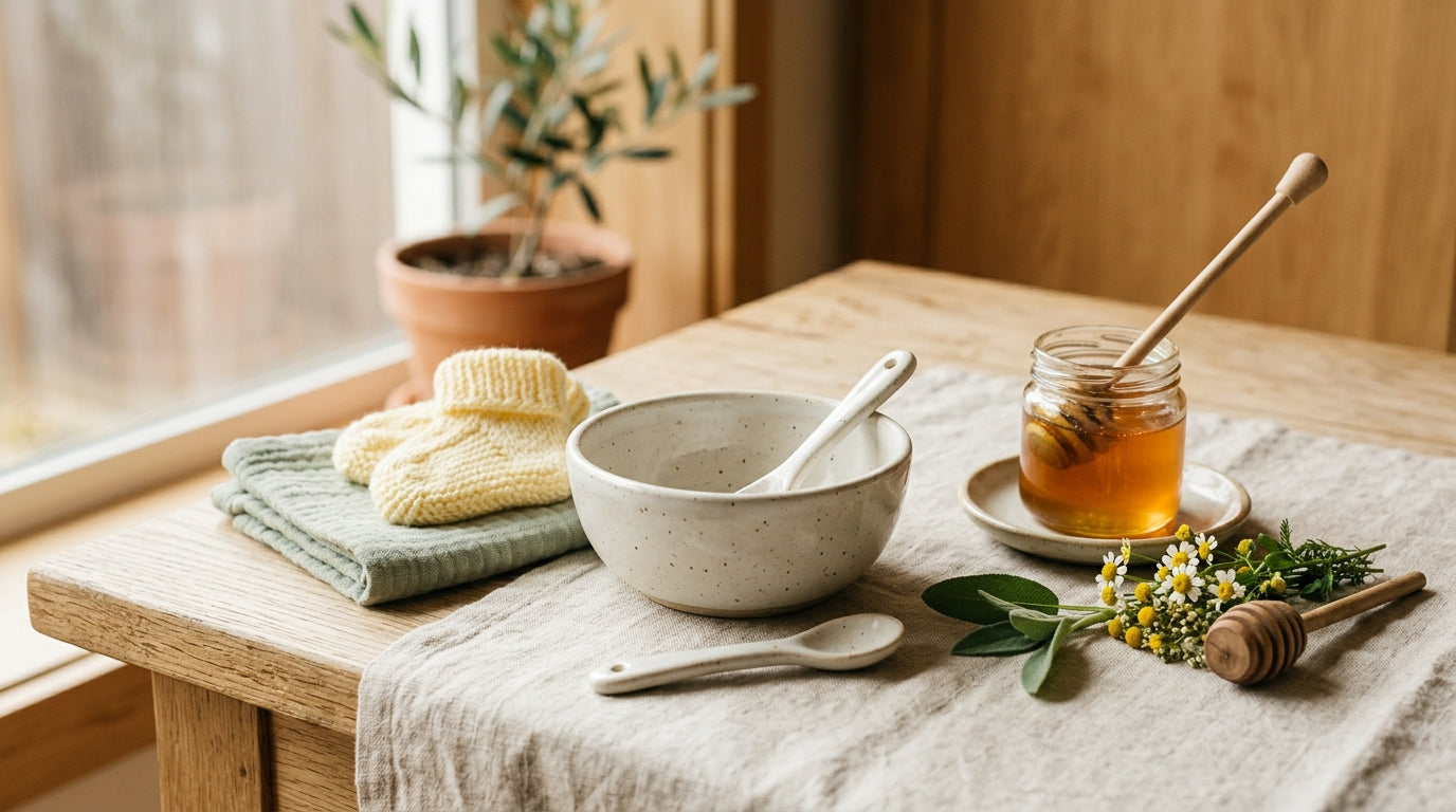 A tired dad holding a jar of honey while looking suspiciously at a sleeping toddler.