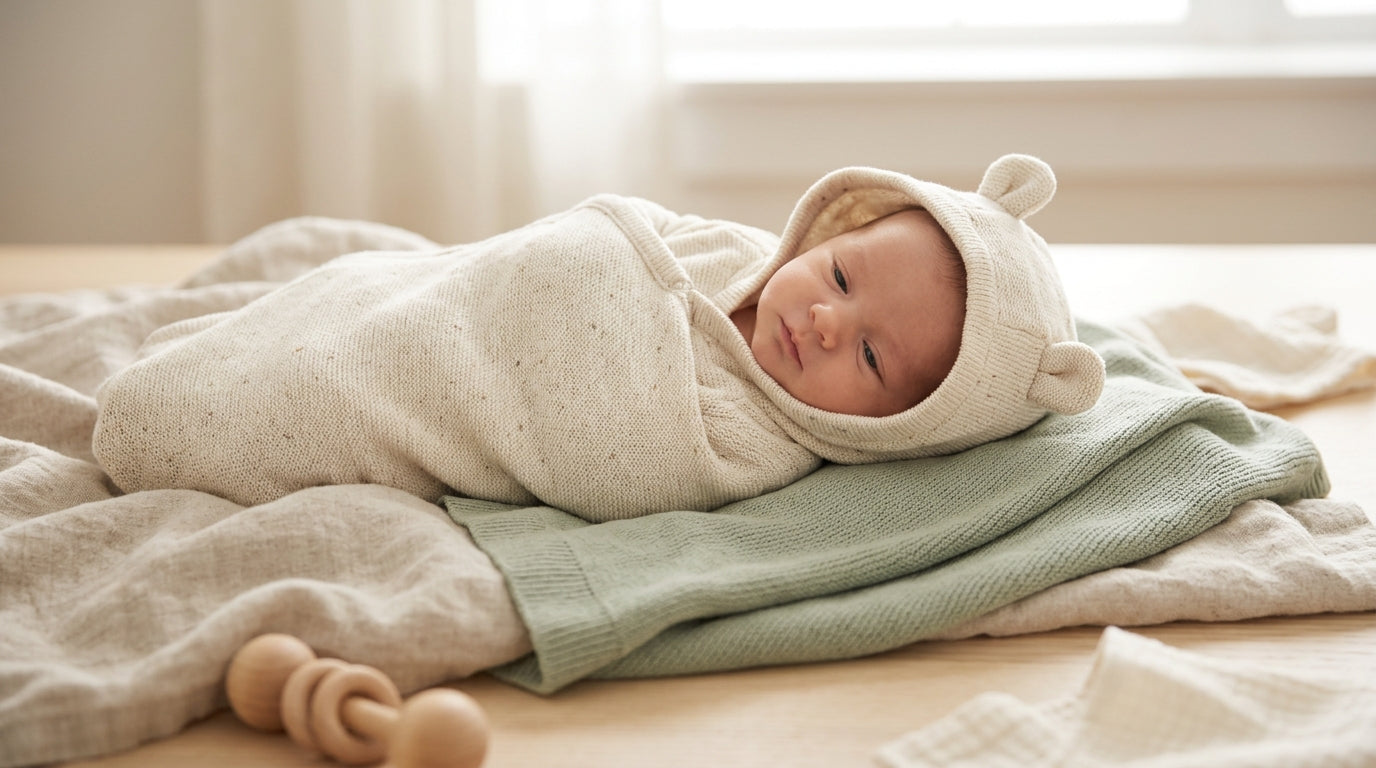 Stressed dad holding a tiny baby zip-up sweater next to a stroller (max 125 chars)