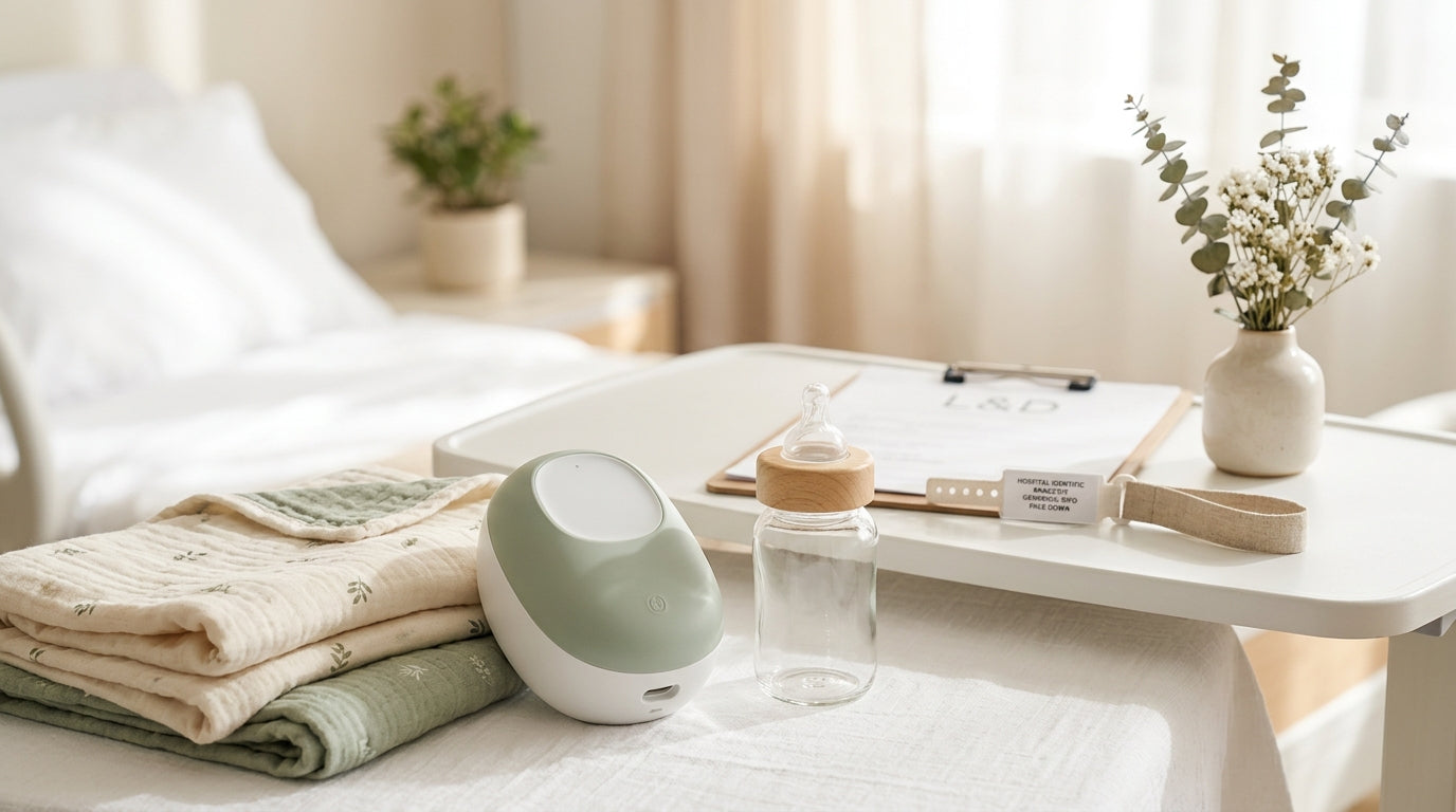 Exhausted dad holding a wearable breast pump while looking at a newborn baby photographer in a hospital room