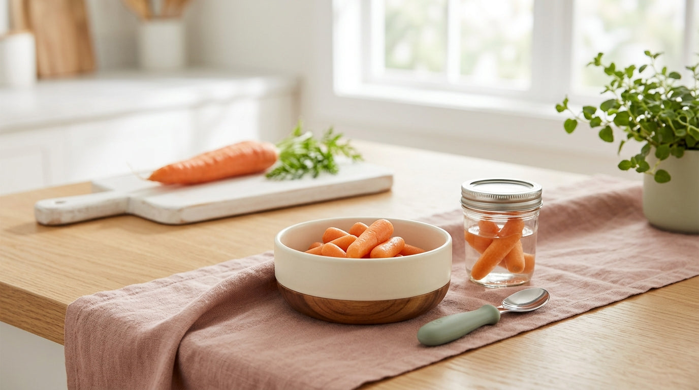 A mom holding a bowl of roasted carrots in her kitchen