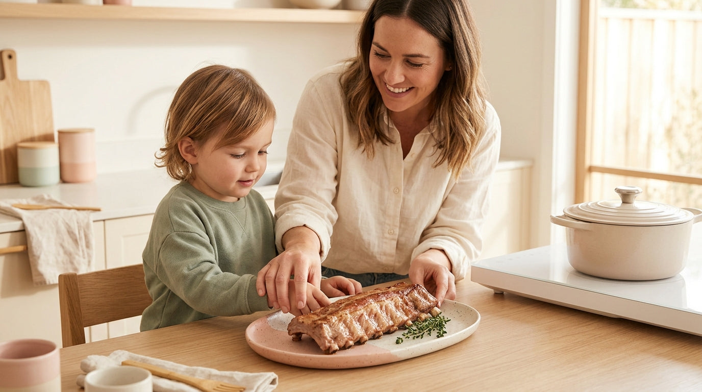 Mom slicing tender baked ribs on a wooden cutting board while holding a baby.