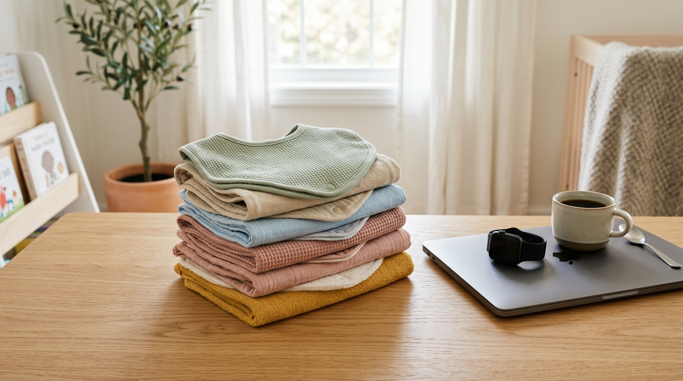 Tired dad holding an 11-month-old baby and a massive stack of dirty organic cotton and silicone bibs