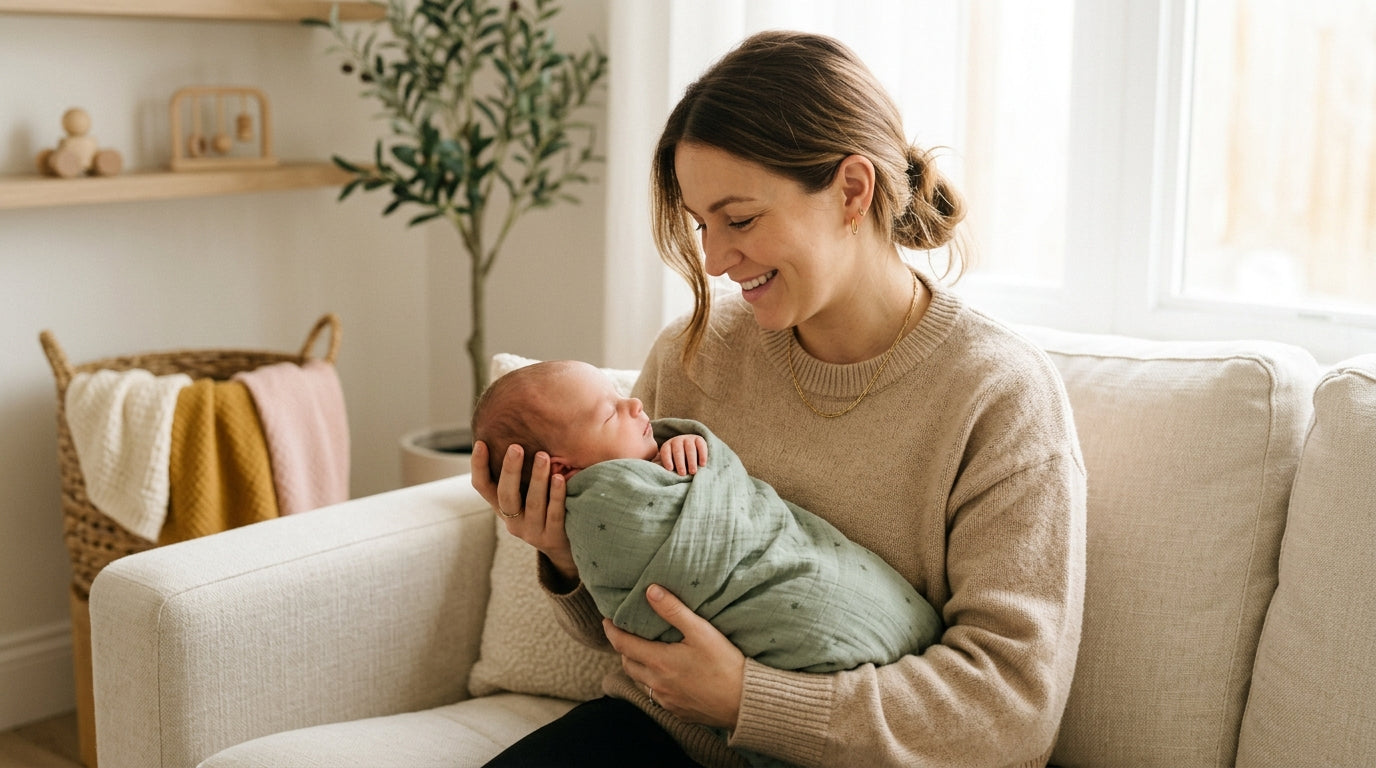 Tired mom safely holding her newborn baby against her shoulder.
