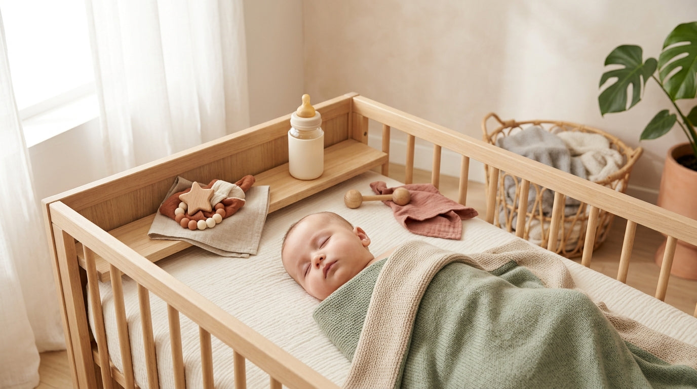 Exhausted mom holding a baby surrounded by organic swaddles