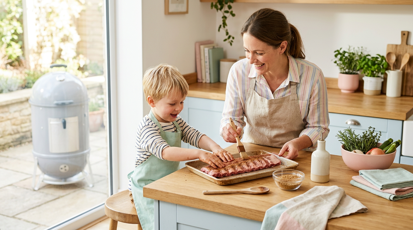 A chaotic backyard barbecue setup with smoked baby back ribs and kids playing on blankets.
