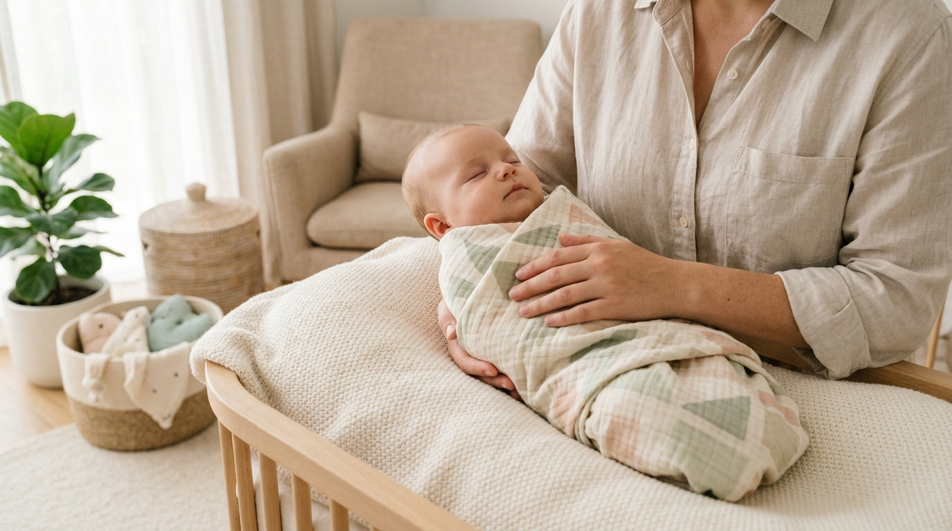 Exhausted mom holding a crying colicky baby in a dim nursery while holding a cold cup of coffee.