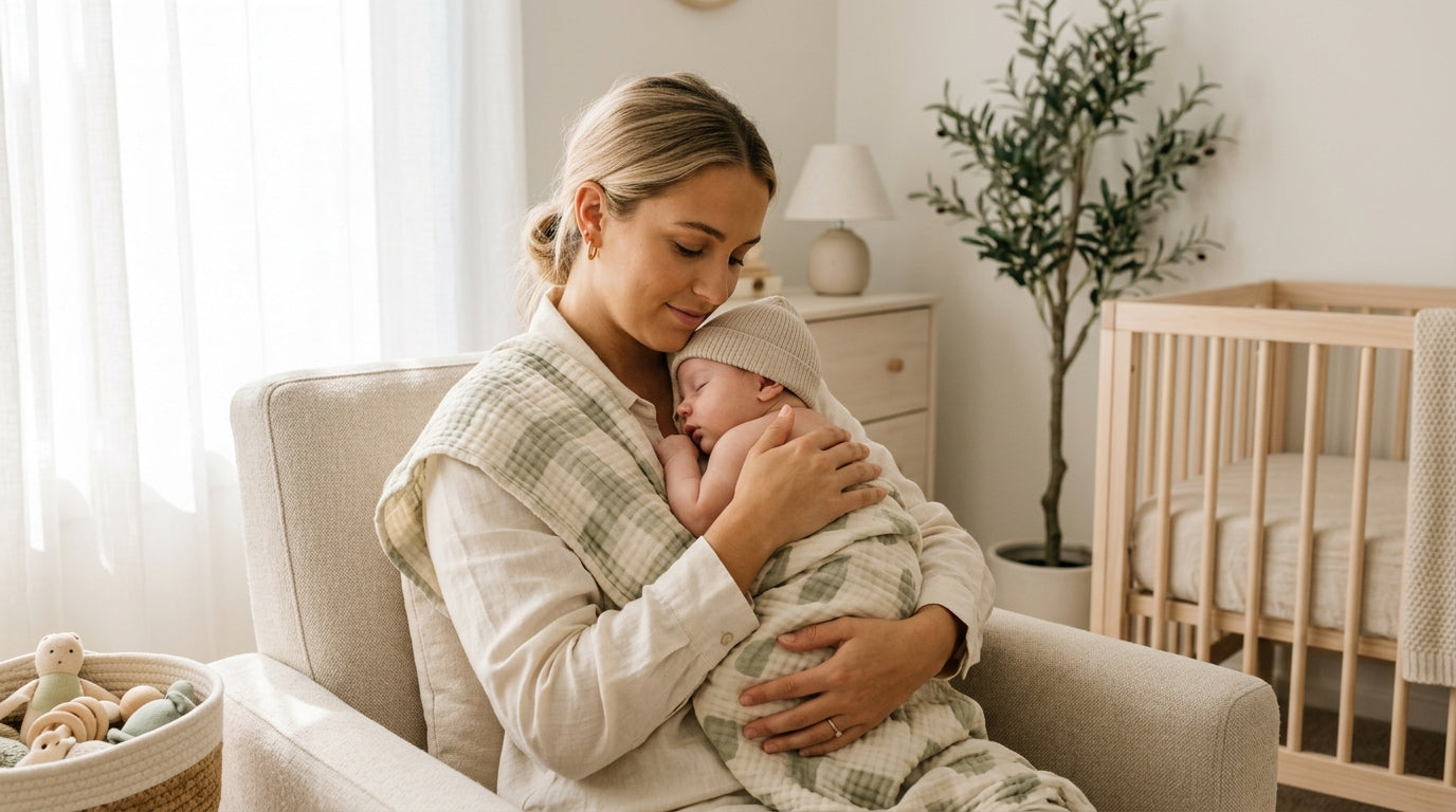 A tired father holding a hiccuping baby over his shoulder with a cloth