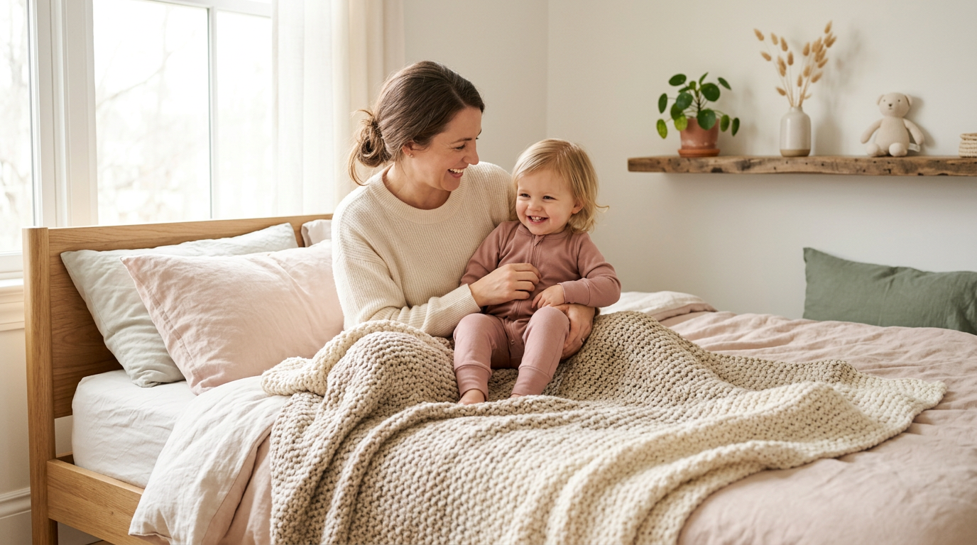Me trapped under our kuscheldecke groß with a coffee and two kids.