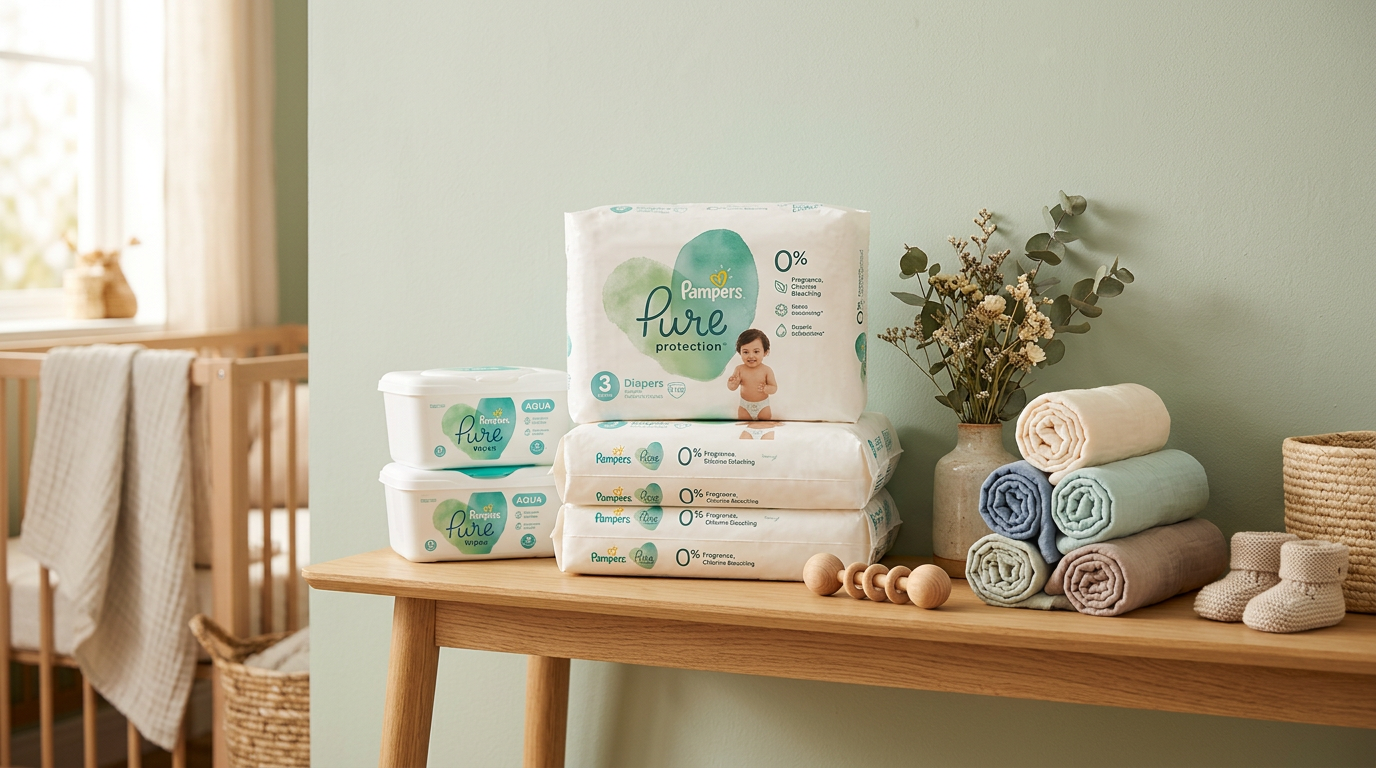 A frustrated mom looking at diaper prices on her phone while holding an active toddler in a grocery store.