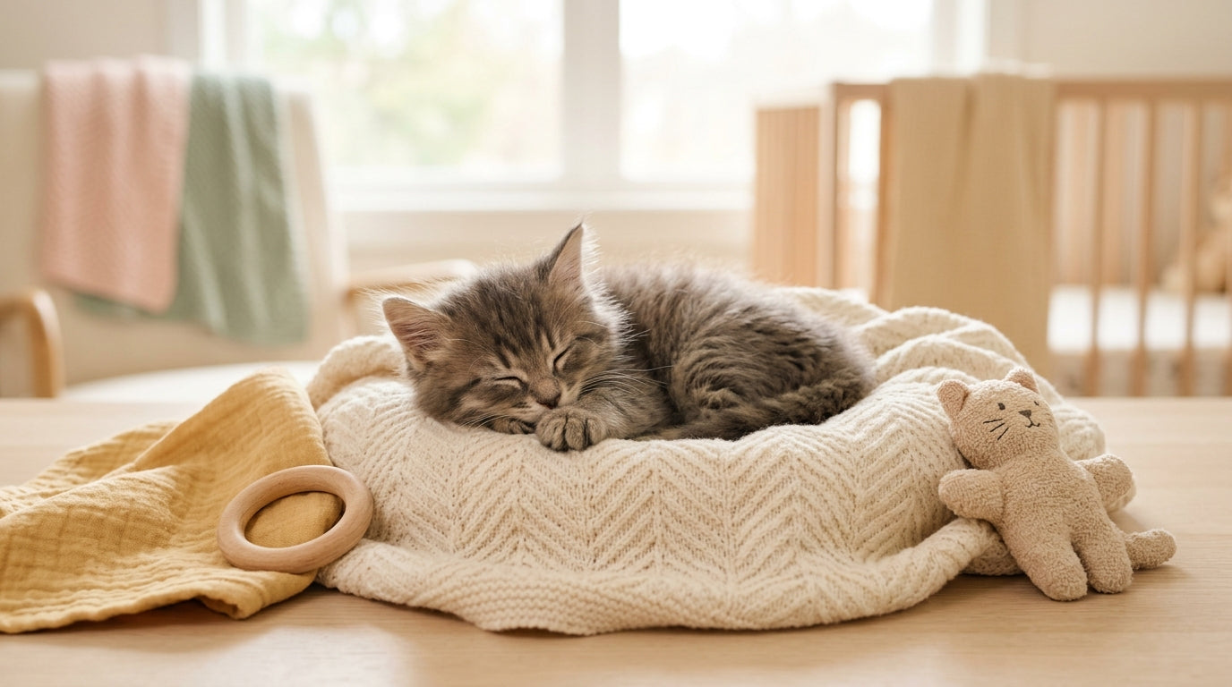 Toddler crawling on the floor wearing an organic cotton baby bodysuit pretending to be a lost kitten.
