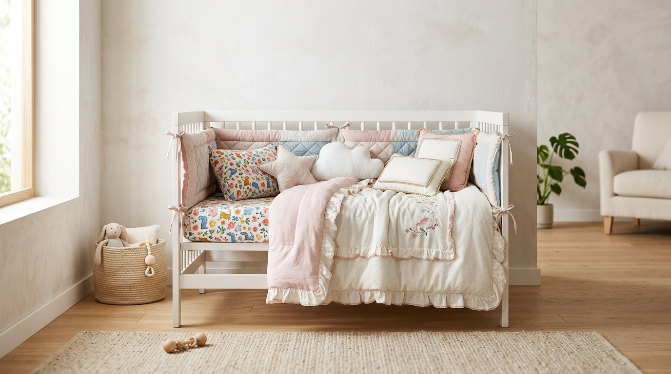 Messy but safe bare crib setup with an organic cotton baby bodysuit and sleep sack