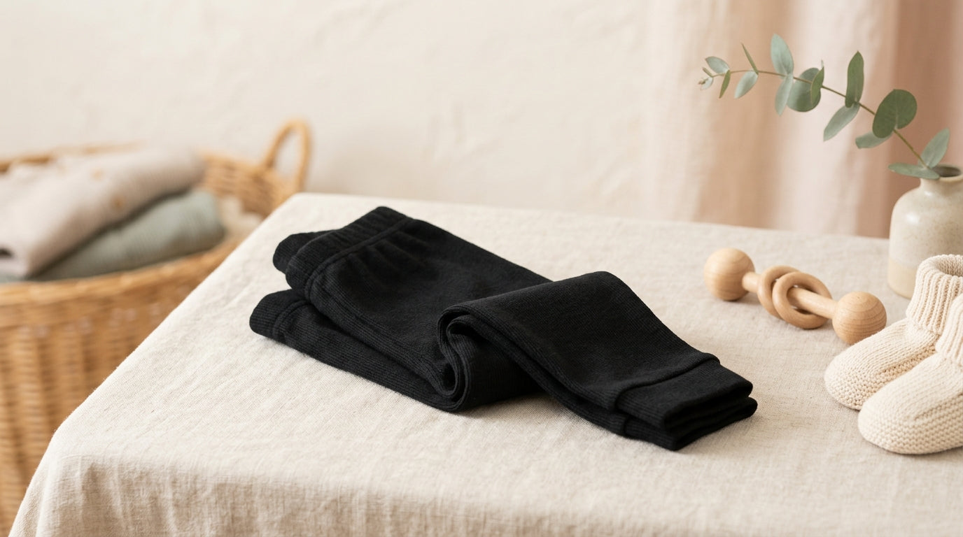 A messy pile of folded baby clothes featuring a pair of black stretchy leggings.