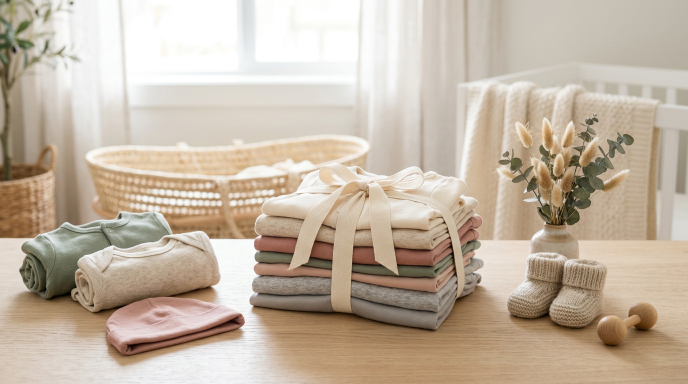 Marcus holding a massive pile of mismatched baby clothes looking exhausted
